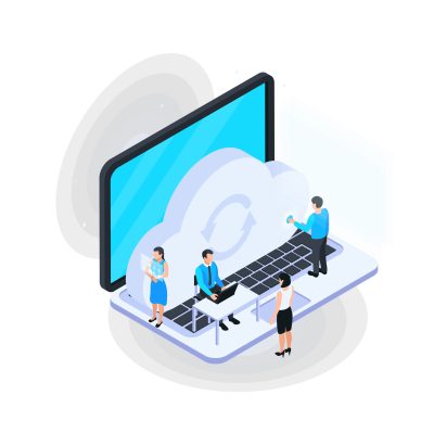 Cloud On Laptop Composition Cloud services isometric composition with image of laptop with small human characters and cloud icon vector illustration
